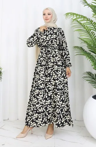 Beli Bağcıklı Desenli Viskon Elbise 2083-05 Siyah