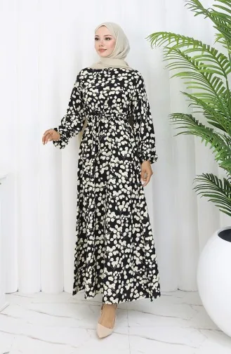 Beli Bağcıklı Desenli Viskon Elbise 2083-05 Siyah