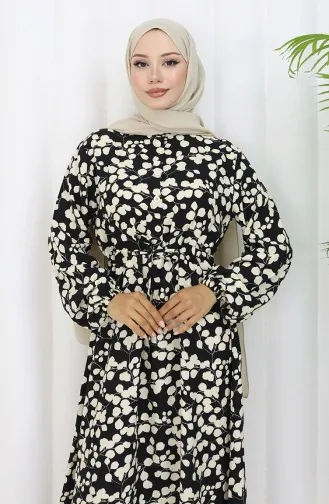 Beli Bağcıklı Desenli Viskon Elbise 2083-05 Siyah