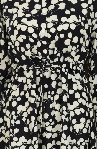 Beli Bağcıklı Desenli Viskon Elbise 2083-05 Siyah