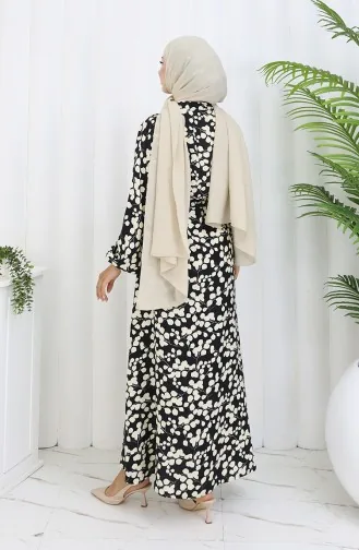 Beli Bağcıklı Desenli Viskon Elbise 2083-05 Siyah