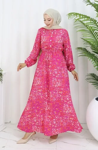 Beli Bağcıklı Desenli Viskon Elbise 2084-01 Fuşya