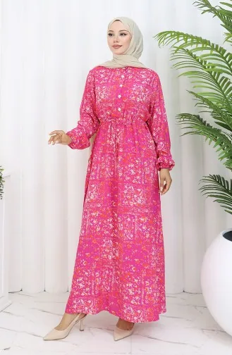 Beli Bağcıklı Desenli Viskon Elbise 2084-01 Fuşya