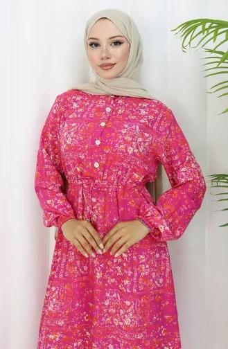 Beli Bağcıklı Desenli Viskon Elbise 2084-01 Fuşya