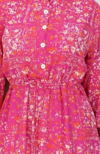 Beli Bağcıklı Desenli Viskon Elbise 2084-01 Fuşya