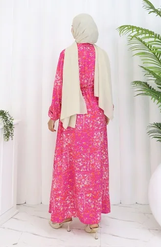 Beli Bağcıklı Desenli Viskon Elbise 2084-01 Fuşya