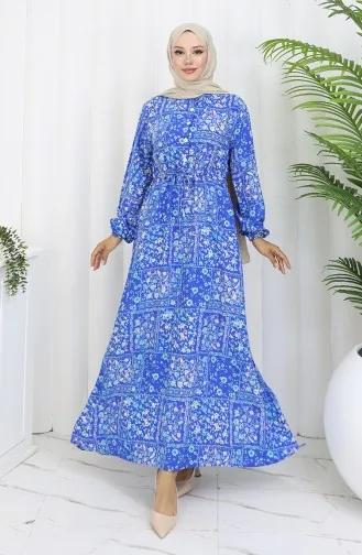 Beli Bağcıklı Desenli Viskon Elbise 2084-02 İndigo