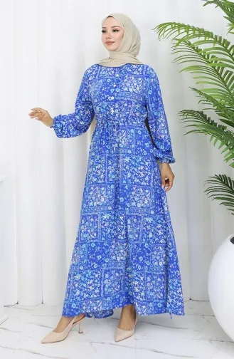 Beli Bağcıklı Desenli Viskon Elbise 2084-02 İndigo