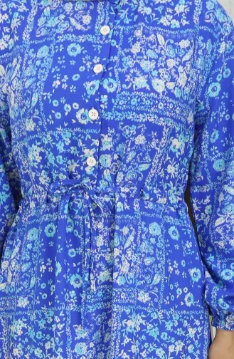 Beli Bağcıklı Desenli Viskon Elbise 2084-02 İndigo