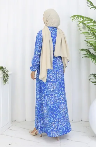 Beli Bağcıklı Desenli Viskon Elbise 2084-02 İndigo