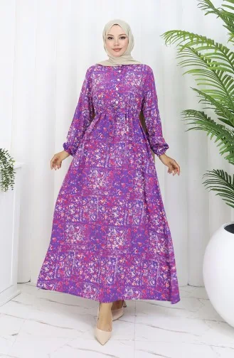 Beli Bağcıklı Desenli Viskon Elbise 2084-03 Lila
