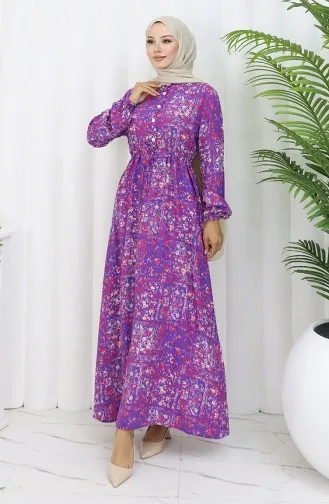 Beli Bağcıklı Desenli Viskon Elbise 2084-03 Lila