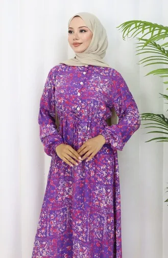 Beli Bağcıklı Desenli Viskon Elbise 2084-03 Lila