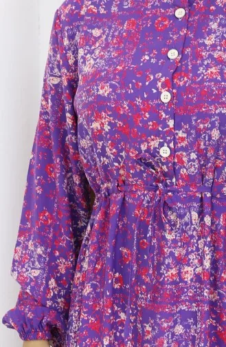 Beli Bağcıklı Desenli Viskon Elbise 2084-03 Lila