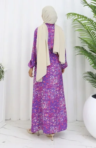 Beli Bağcıklı Desenli Viskon Elbise 2084-03 Lila