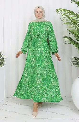 Beli Bağcıklı Desenli Viskon Elbise 2084-04 Yeşil