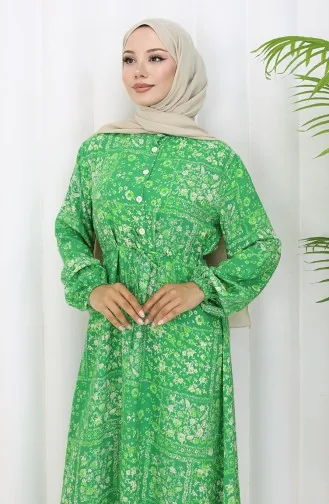 Beli Bağcıklı Desenli Viskon Elbise 2084-04 Yeşil