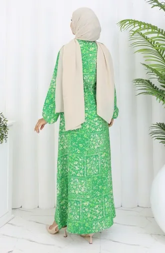 Beli Bağcıklı Desenli Viskon Elbise 2084-04 Yeşil