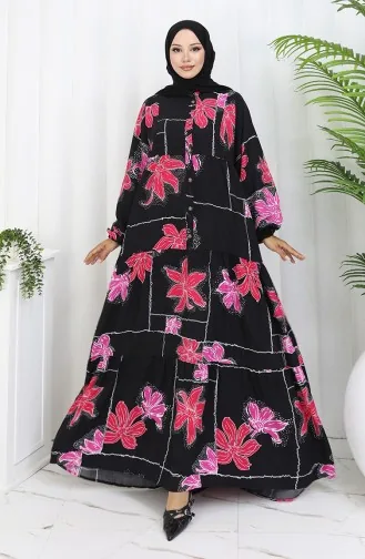 Alaçatı Desenli Yarım Düğmeli Viskon Elbise 2085-01 Siyah Fuşya
