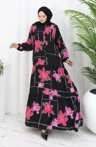 Alaçatı Desenli Yarım Düğmeli Viskon Elbise 2085-01 Siyah Fuşya