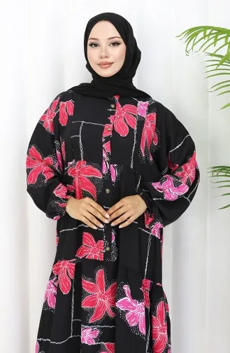 Alaçatı Desenli Yarım Düğmeli Viskon Elbise 2085-01 Siyah Fuşya