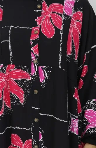 Alaçatı Desenli Yarım Düğmeli Viskon Elbise 2085-01 Siyah Fuşya