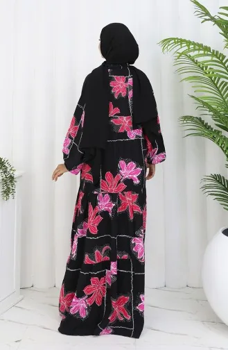 Alaçatı Desenli Yarım Düğmeli Viskon Elbise 2085-01 Siyah Fuşya