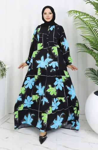 Alaçatı Desenli Yarım Düğmeli Viskon Elbise 2085-02 Siyah Yeşil