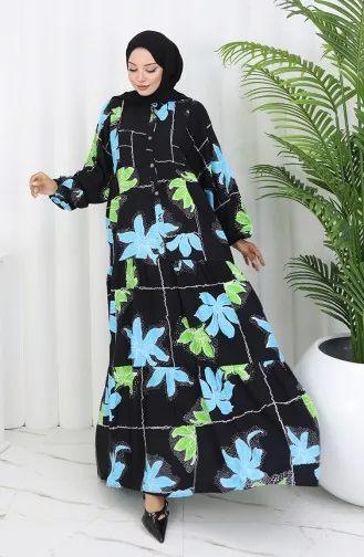 Alaçatı Desenli Yarım Düğmeli Viskon Elbise 2085-02 Siyah Yeşil