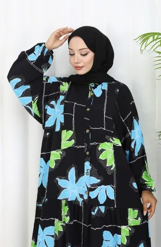 Alaçatı Desenli Yarım Düğmeli Viskon Elbise 2085-02 Siyah Yeşil