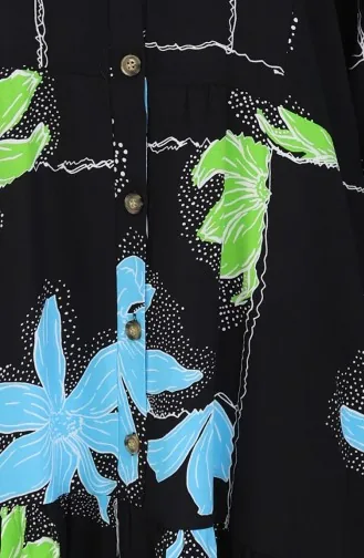 Alaçatı Desenli Yarım Düğmeli Viskon Elbise 2085-02 Siyah Yeşil
