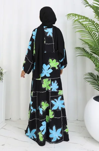 Alaçatı Desenli Yarım Düğmeli Viskon Elbise 2085-02 Siyah Yeşil