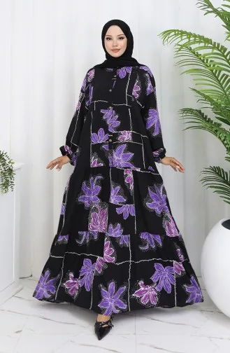 Alaçatı Desenli Yarım Düğmeli Viskon Elbise 2085-03 Siyah Lila