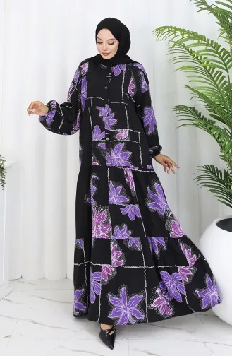 Alaçatı Desenli Yarım Düğmeli Viskon Elbise 2085-03 Siyah Lila