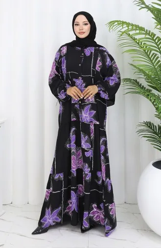 Alaçatı Desenli Yarım Düğmeli Viskon Elbise 2085-03 Siyah Lila
