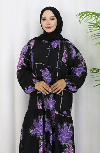 Alaçatı Desenli Yarım Düğmeli Viskon Elbise 2085-03 Siyah Lila
