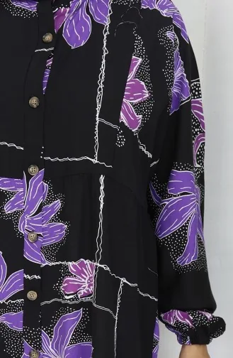 Alaçatı Desenli Yarım Düğmeli Viskon Elbise 2085-03 Siyah Lila