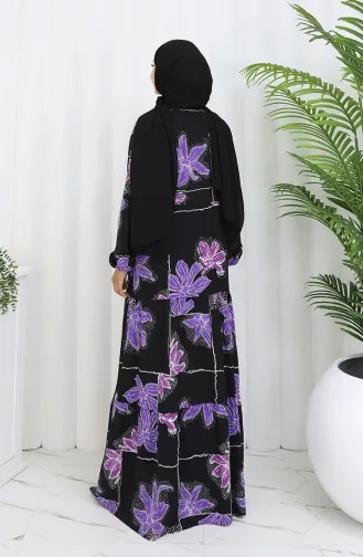 Alaçatı Desenli Yarım Düğmeli Viskon Elbise 2085-03 Siyah Lila