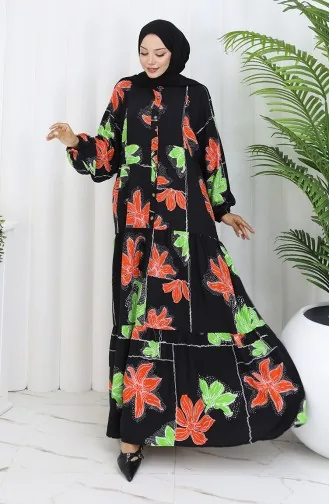 Alaçatı Desenli Yarım Düğmeli Viskon Elbise 2085-04 Siyah Kiremit