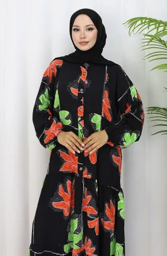 Alaçatı Desenli Yarım Düğmeli Viskon Elbise 2085-04 Siyah Kiremit