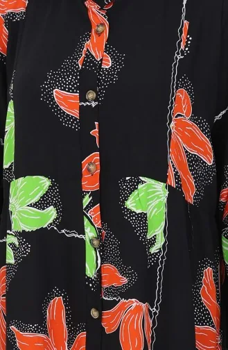 Alaçatı Desenli Yarım Düğmeli Viskon Elbise 2085-04 Siyah Kiremit
