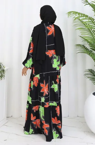 Alaçatı Desenli Yarım Düğmeli Viskon Elbise 2085-04 Siyah Kiremit