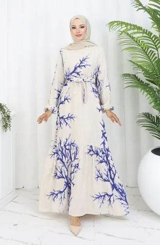 Desenli Kuşaklı Keten Elbise 2087-01 Bej Lacivert