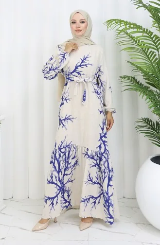 Desenli Kuşaklı Keten Elbise 2087-01 Bej Lacivert