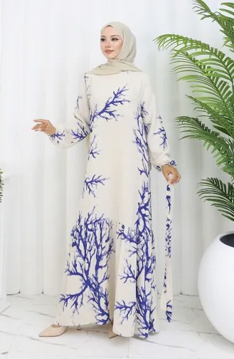 Desenli Kuşaklı Keten Elbise 2087-01 Bej Lacivert