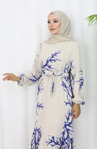 Desenli Kuşaklı Keten Elbise 2087-01 Bej Lacivert