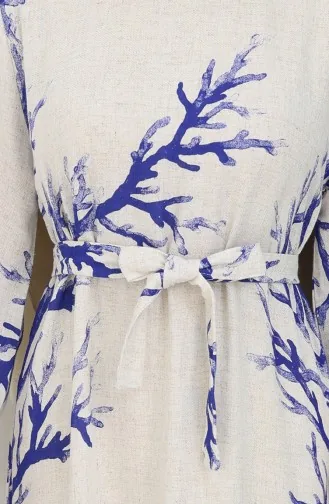 Desenli Kuşaklı Keten Elbise 2087-01 Bej Lacivert