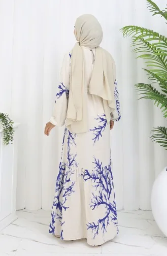 Desenli Kuşaklı Keten Elbise 2087-01 Bej Lacivert