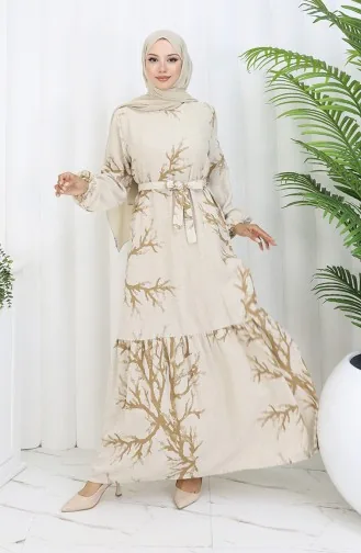 Desenli Kuşaklı Keten Elbise 2087-02 Bej Sütlü kahve