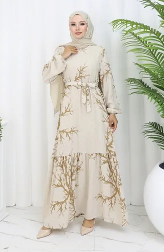 Desenli Kuşaklı Keten Elbise 2087-02 Bej Sütlü kahve